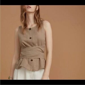 Aritzia Wilfred women's Vachel sleeveless button down top Sz M 100% linen nutmeg